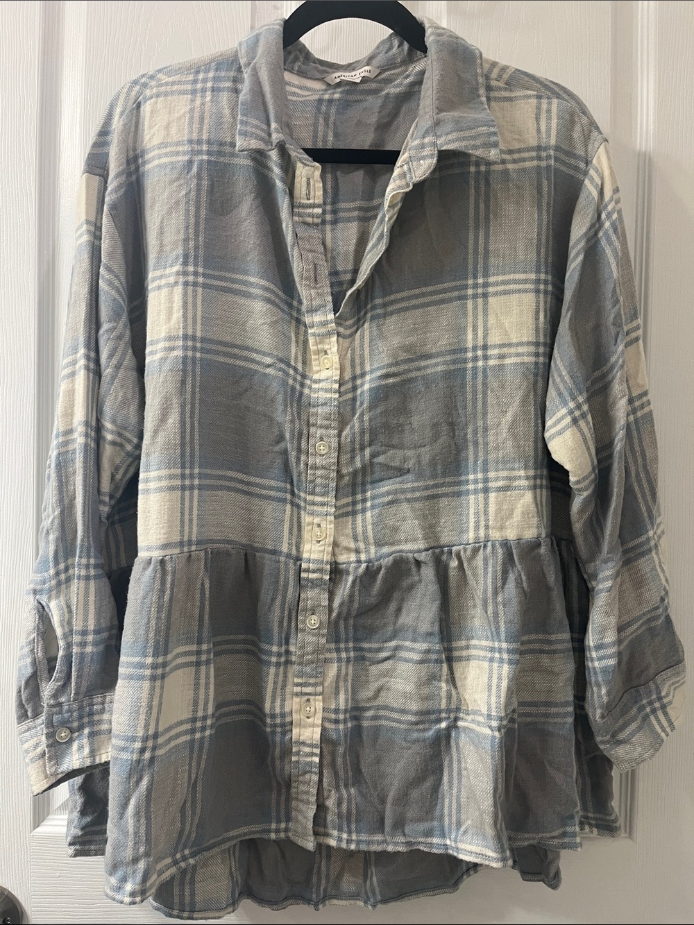 American Eagle Outfitters Blue & Cream Plaid Shirt w/Peplum Hem